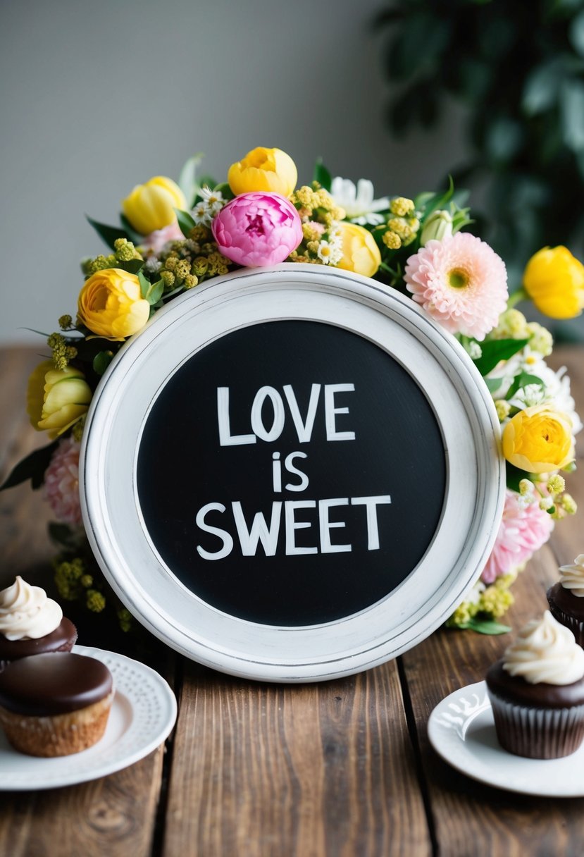 A chalkboard with a "Love is Sweet" sign surrounded by desserts and flowers