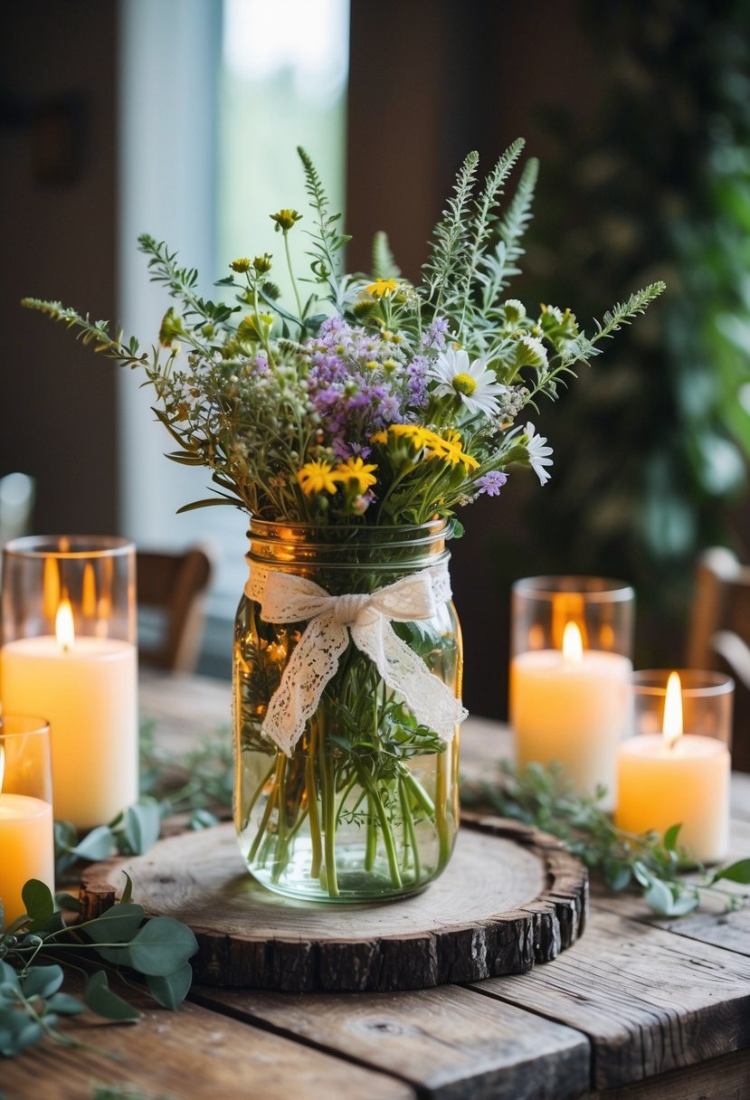 A glass jar filled with wildflowers and tied with a lace ribbon sits atop a rustic wooden table, surrounded by flickering candles and delicate greenery