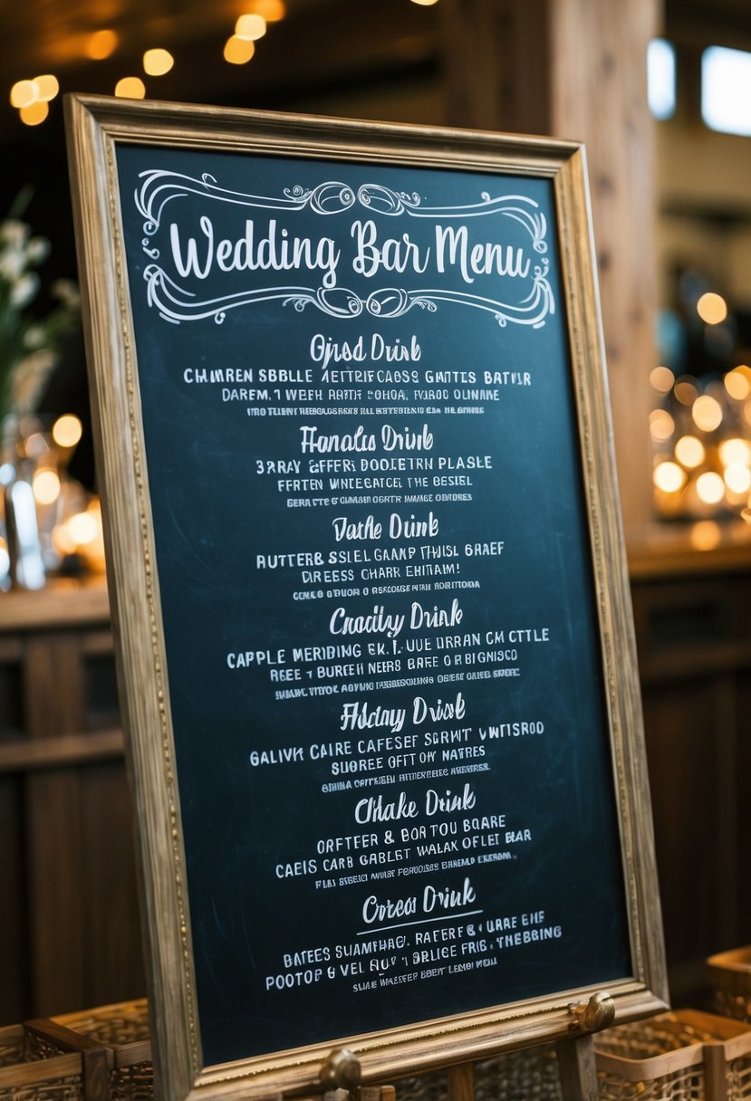 A chalkboard with various drink options written in decorative lettering for a wedding bar menu