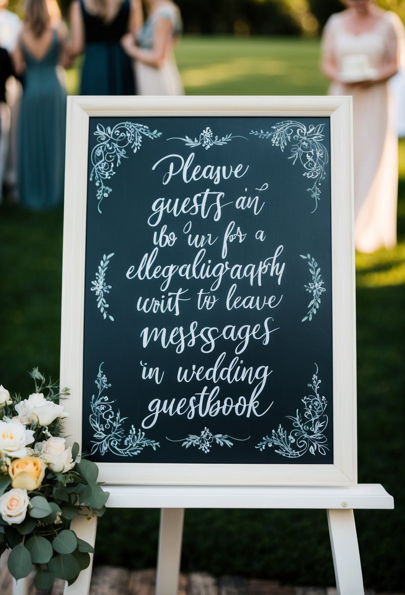 A chalkboard with elegant calligraphy and decorative borders, inviting guests to leave messages in a wedding guestbook