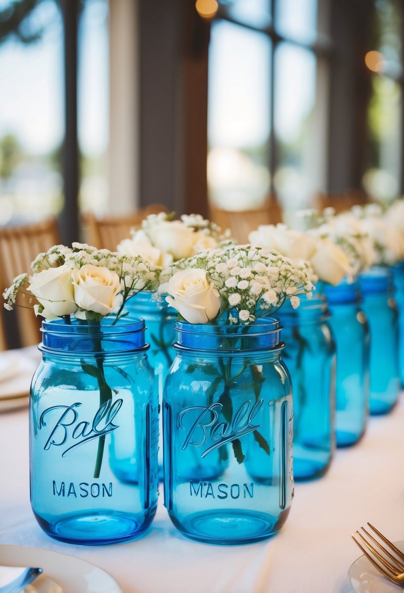 Blue tinted mason jars arranged as wedding table decor