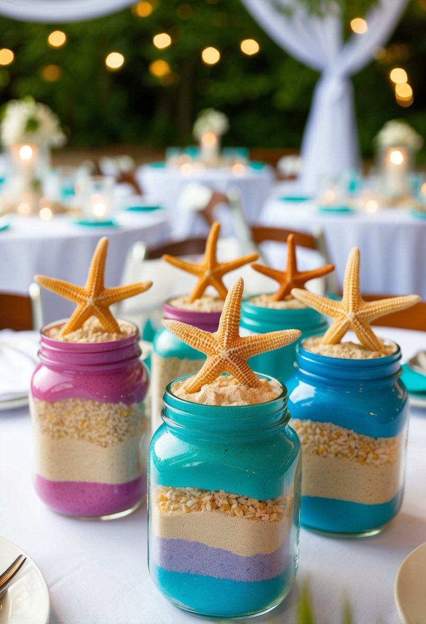 Colorful jars filled with sand and topped with starfish, arranged as wedding table decorations