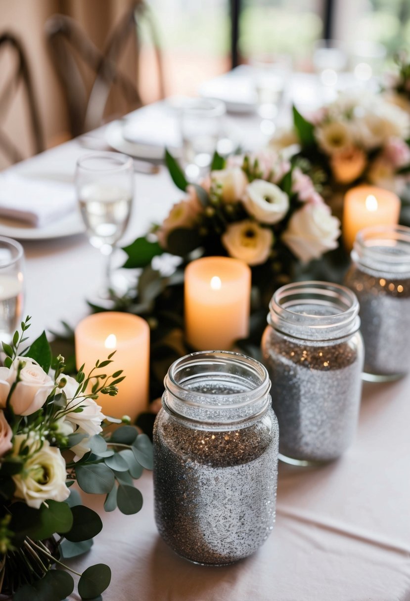 Glass jars dipped in glitter, arranged on a wedding table with flowers and candles