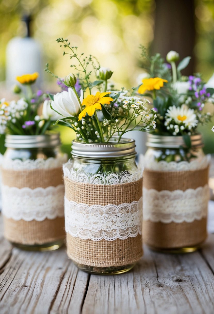 Mason jars wrapped in burlap and lace, adorned with wildflowers, set on a rustic wedding table