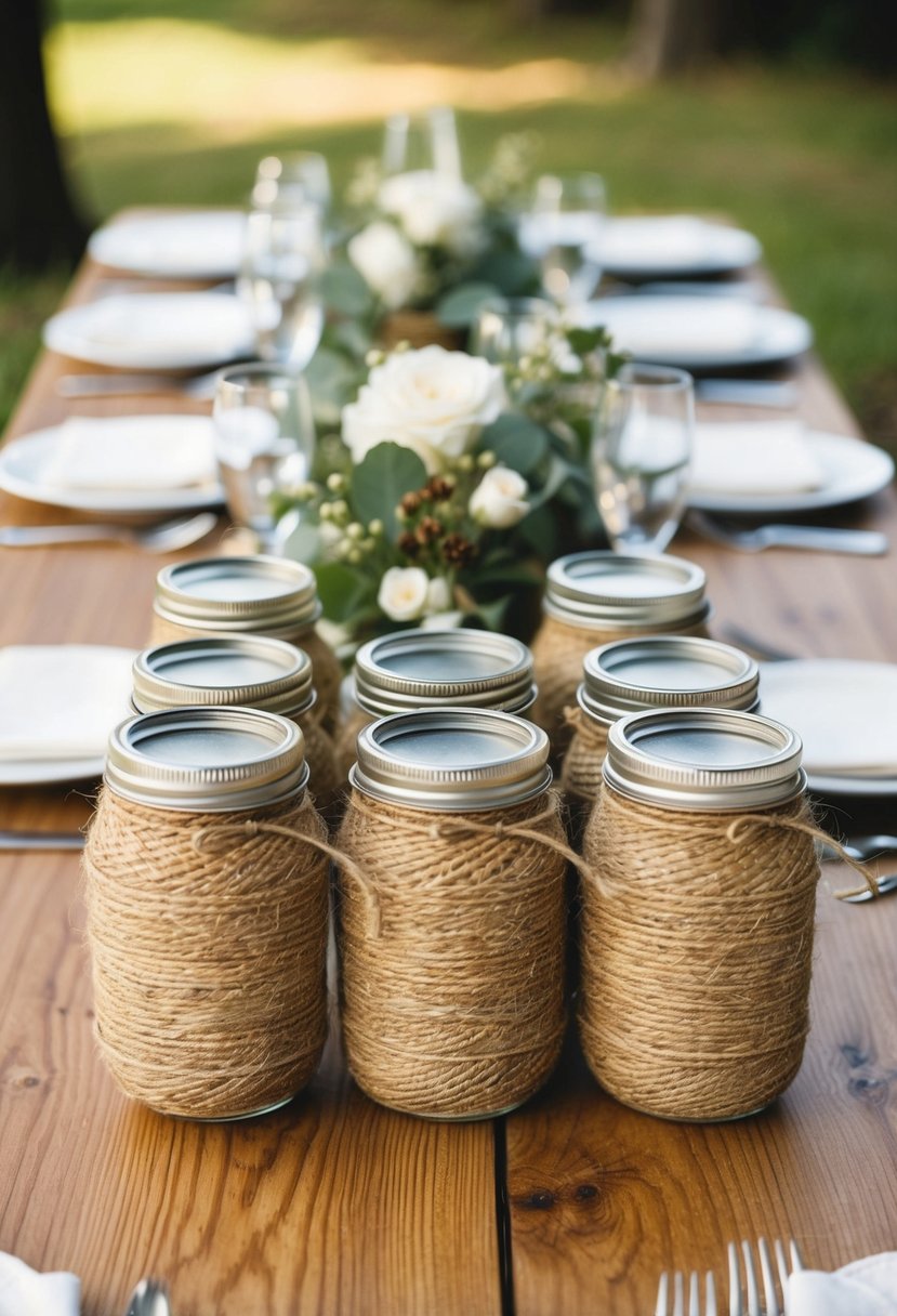 Rustic twine-wrapped jars arranged on a wooden wedding table