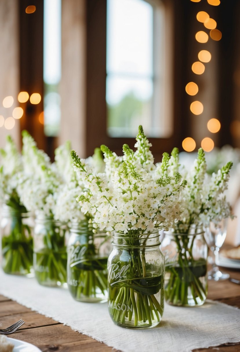 White blooms fill mason jars on a rustic wedding table