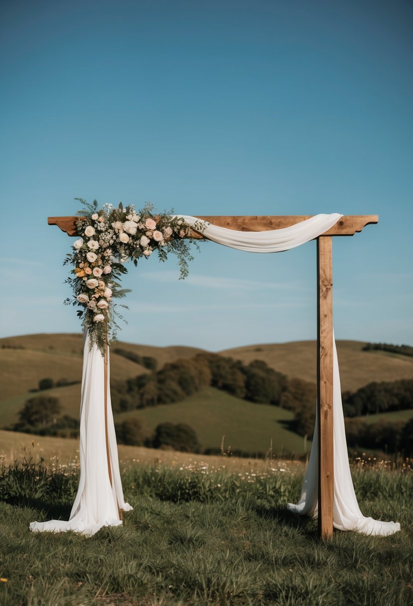 A wooden wedding arch adorned with wildflowers and draped with flowing fabric, set against a backdrop of rolling hills and a clear blue sky