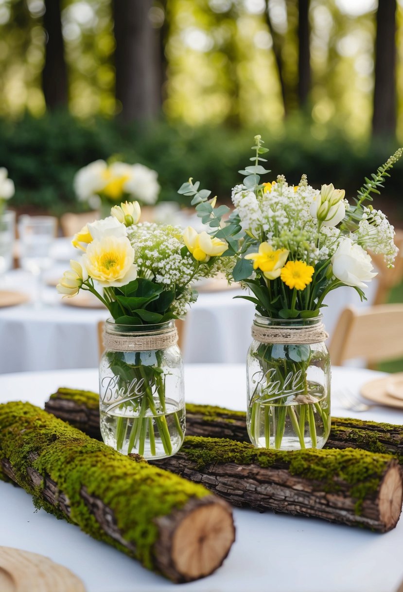 Moss-covered logs and glass jars filled with flowers arranged as wedding table decorations