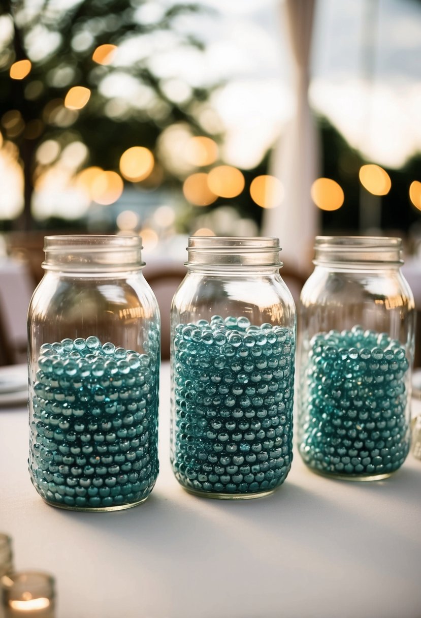 Glass jars filled with shimmering glass beads arranged on a wedding reception table