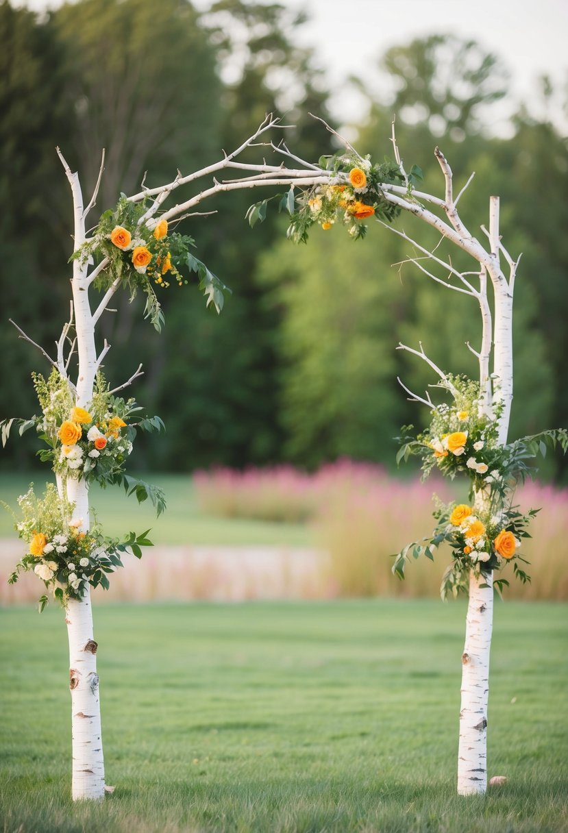 A birch branch arch adorned with bright blooms stands as a rustic wedding backdrop