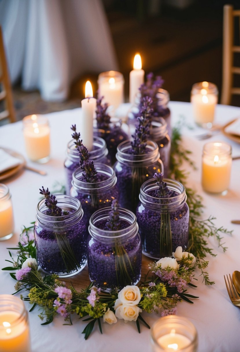 Lavender-scented jars arranged on a wedding table, surrounded by delicate flowers and flickering candles