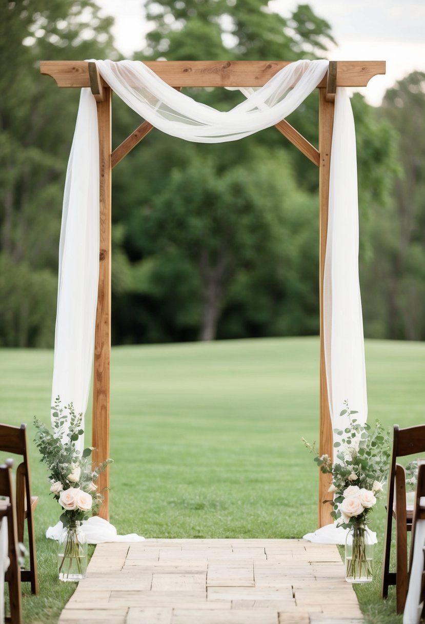 A wooden arbor stands draped with sheer fabric, creating a rustic and romantic wedding arch