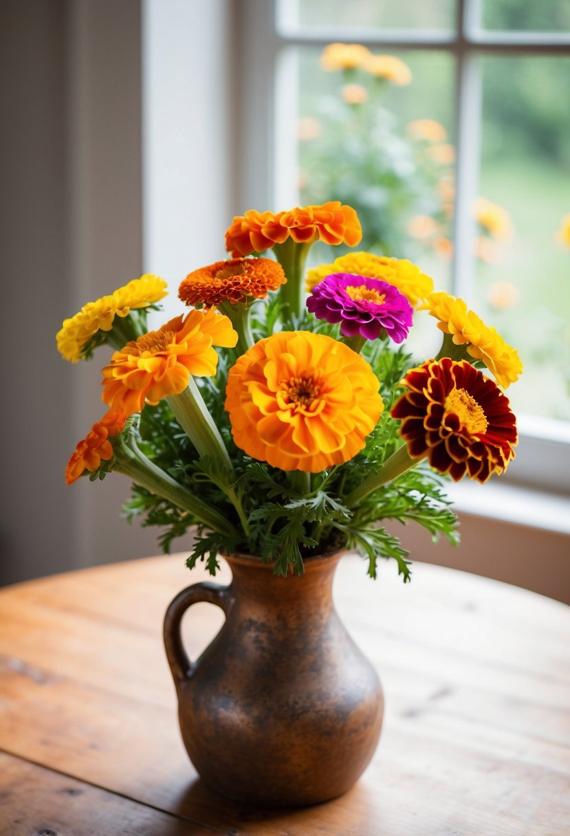 Colorful marigold and zinnia mini bouquets arranged in a rustic vase on a wooden table, with soft natural light streaming in from a nearby window