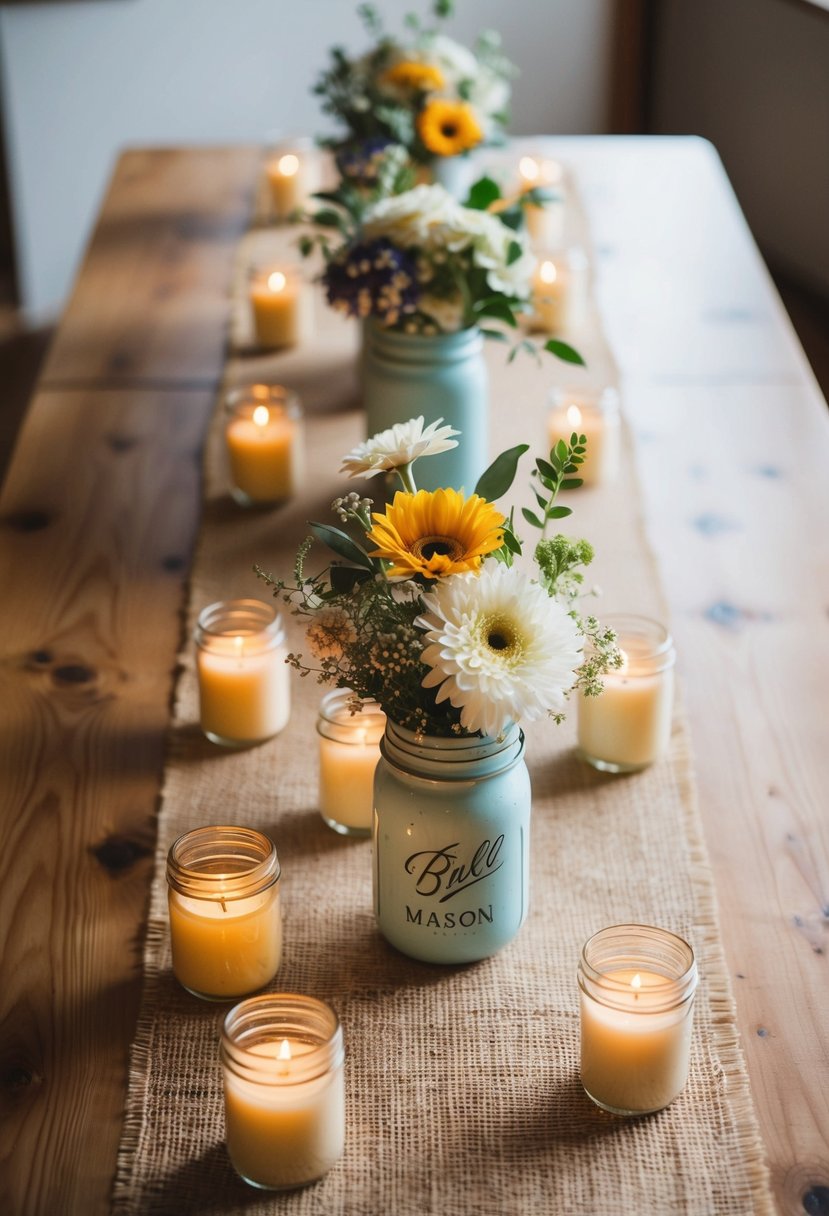 A burlap runner adorns a wooden table, topped with mason jars filled with flowers and candles, creating a rustic wedding centerpiece