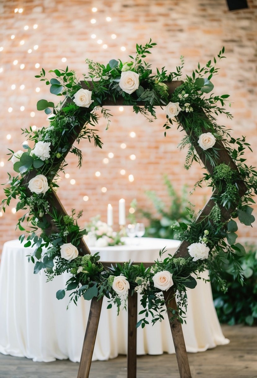 A hexagonal arch adorned with greenery and flowers, creating a rustic and charming wedding backdrop