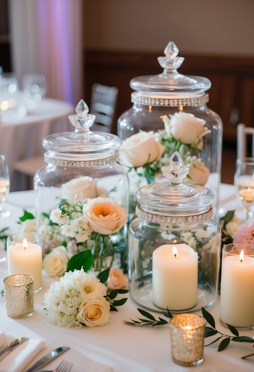 Elegant glass jars with jewel-topped lids arranged on a wedding reception table, surrounded by delicate flowers and candles