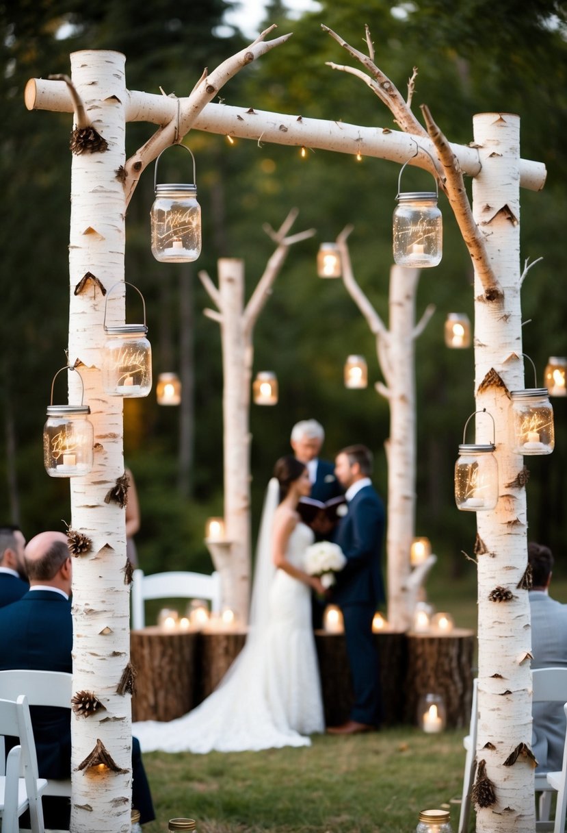 A rustic birch arch adorned with mason jar lanterns, creating a warm and romantic atmosphere for a wedding ceremony