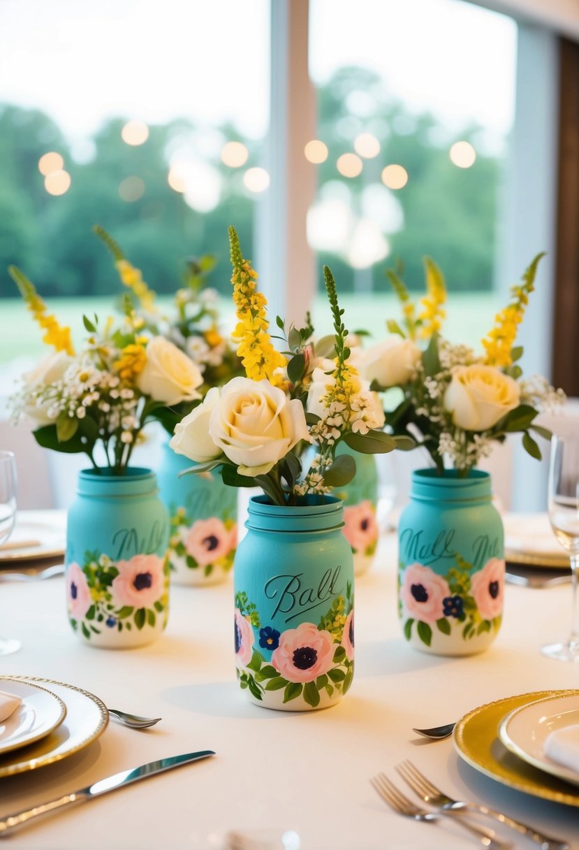 A table adorned with painted floral jars, creating a charming and elegant wedding decoration