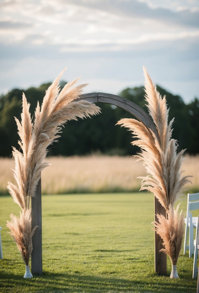 A weathered wood arch adorned with pampas grass stands in a rustic wedding setting