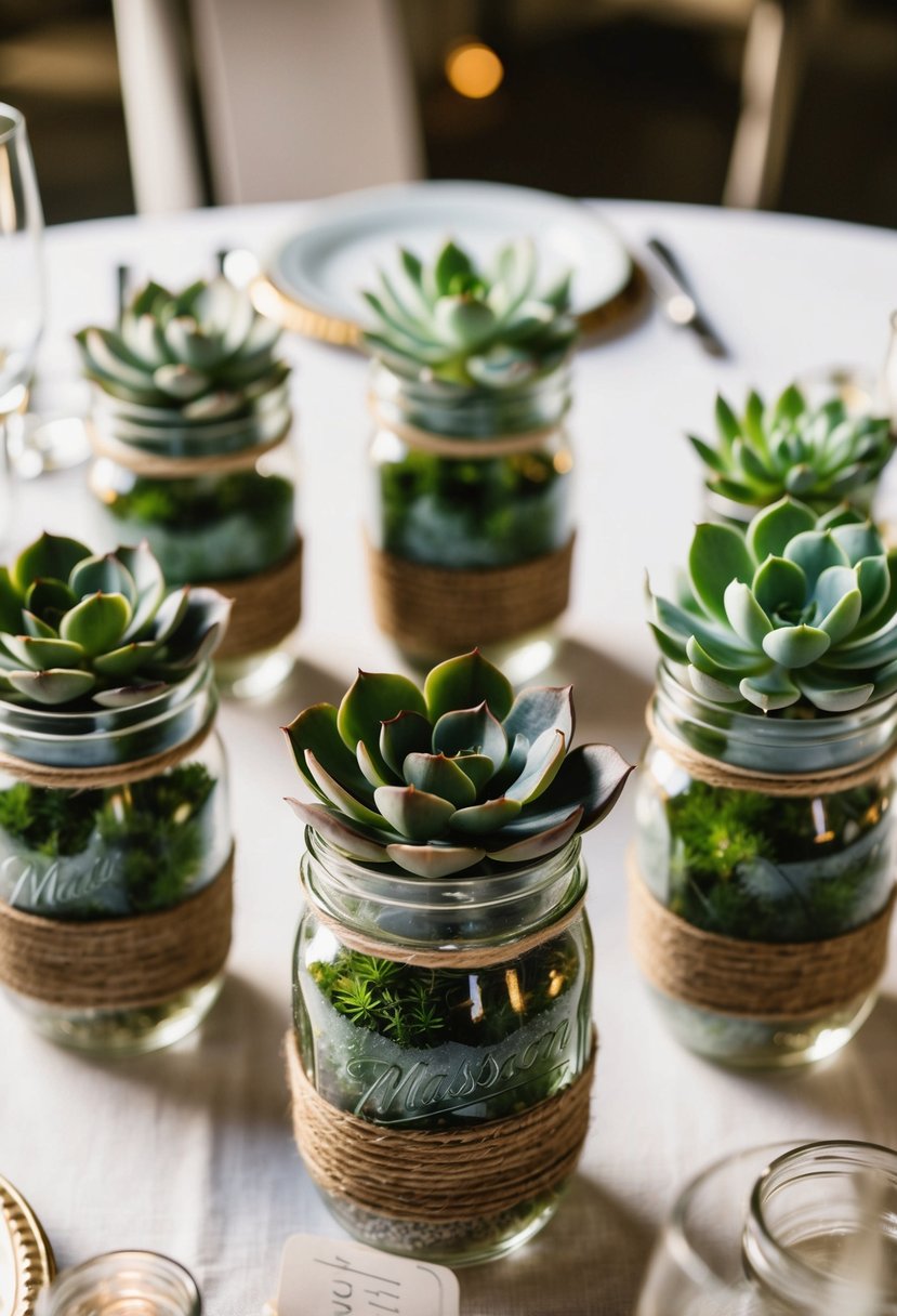 Mason jars filled with succulents adorn a rustic wedding table, creating a simple and elegant centerpiece