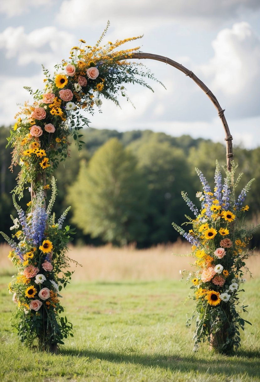 A half-moon arch adorned with colorful wildflowers stands in a rustic outdoor setting, creating a charming backdrop for a wedding ceremony