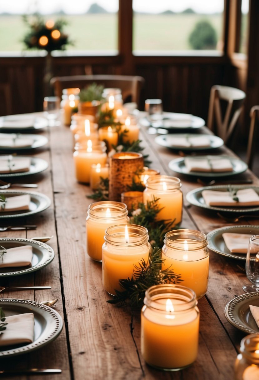 A rustic wooden table adorned with homemade candle jars, creating a warm and intimate atmosphere for a wedding celebration