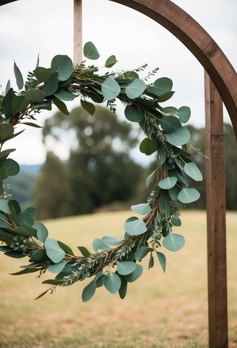 A circular arch adorned with eucalyptus leaves, set in a rustic wedding setting