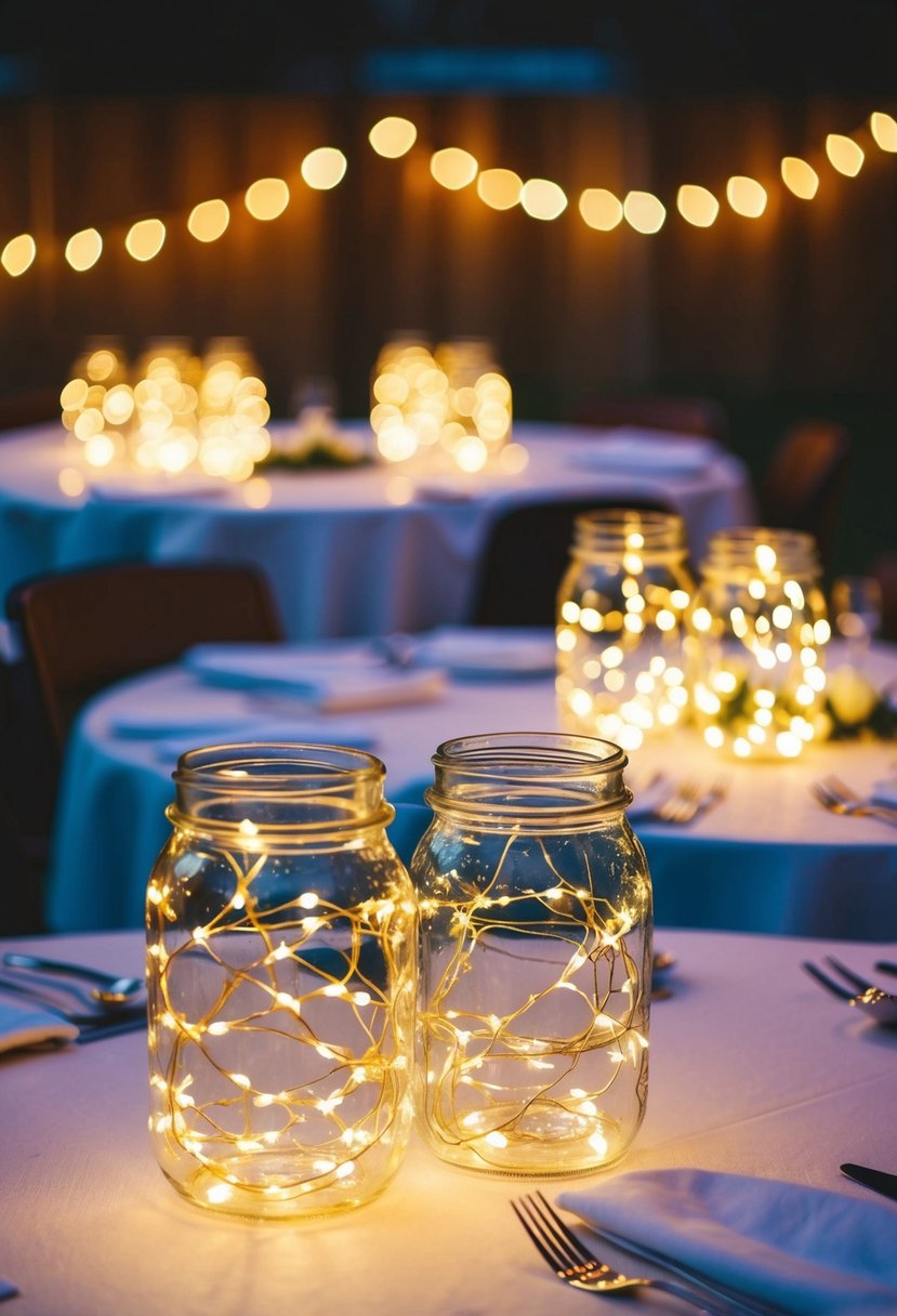 Fairy light-filled jars illuminate a wedding table, creating a twinkling, magical ambiance