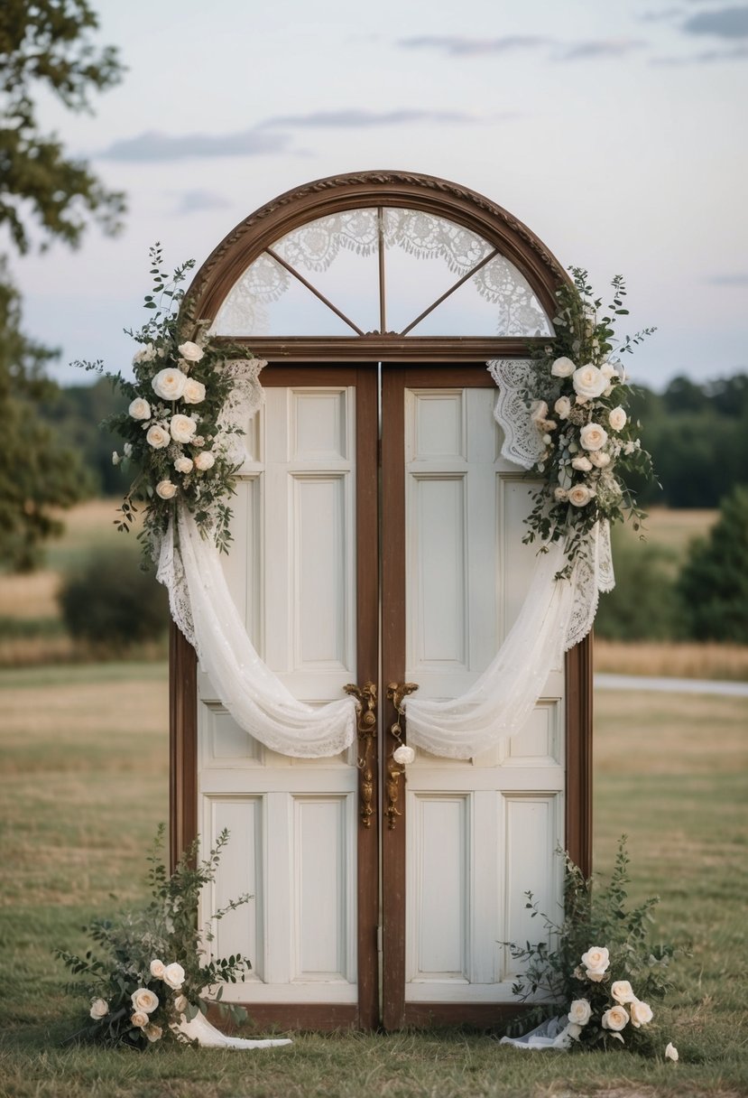 An ornate vintage door frame archway adorned with lace, set in a rustic outdoor wedding setting