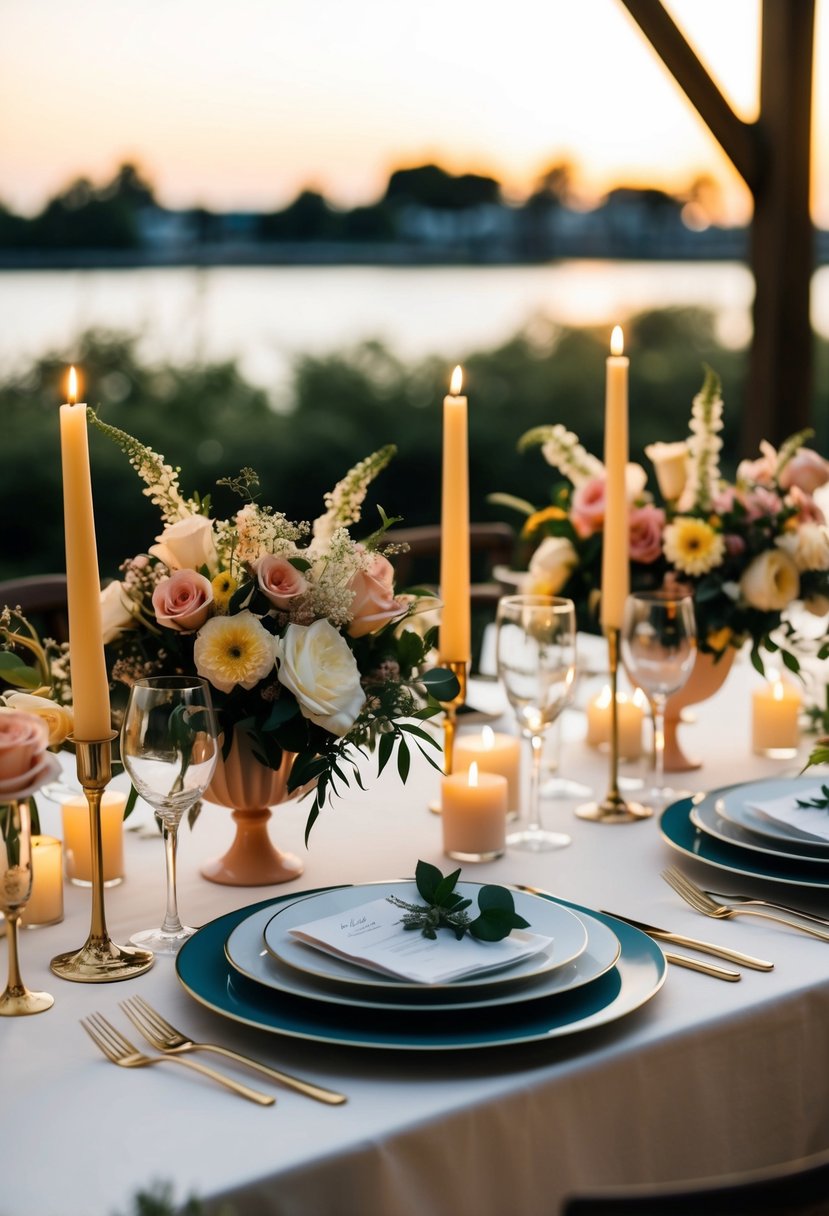 A table set with candles, flowers, and elegant dinnerware for a romantic wedding celebration