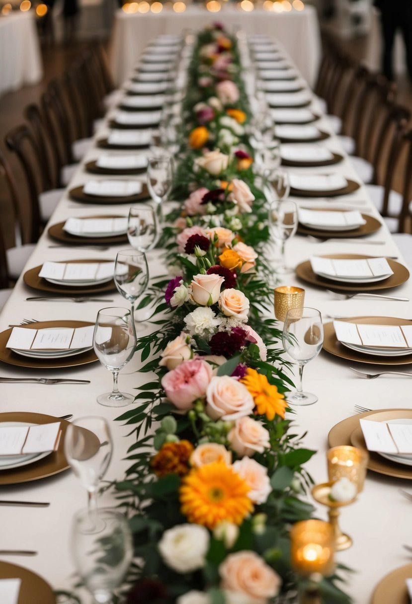 A long table adorned with floral table runners featuring seasonal blooms for a romantic wedding reception