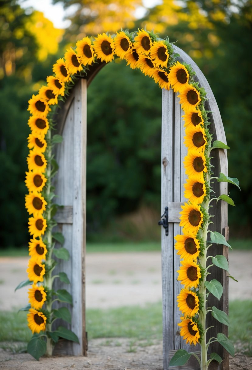 A weathered barnwood arch adorned with vibrant sunflowers stands in a rustic outdoor setting