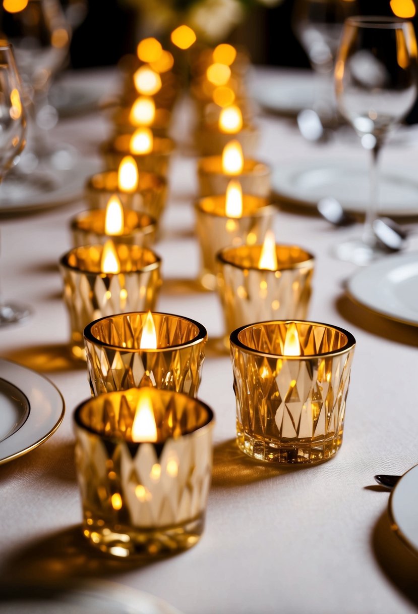 Gold crystal tealight holders arranged on a table, casting a romantic glow for a wedding reception