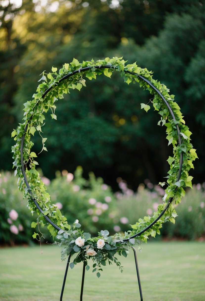 A metal hoop arch entwined with lush green vines, creating a rustic and whimsical setting for a wedding ceremony