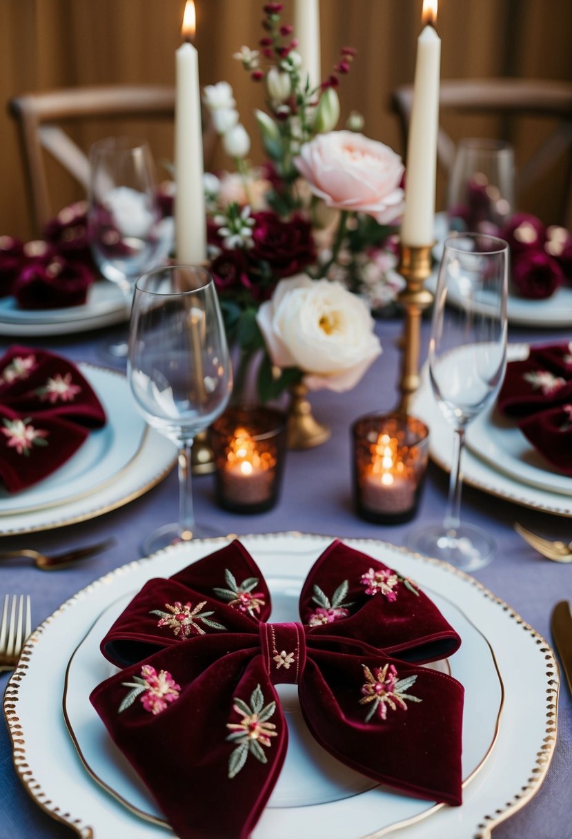 A table set with embroidered velvet bows, adorned with delicate flowers and candles