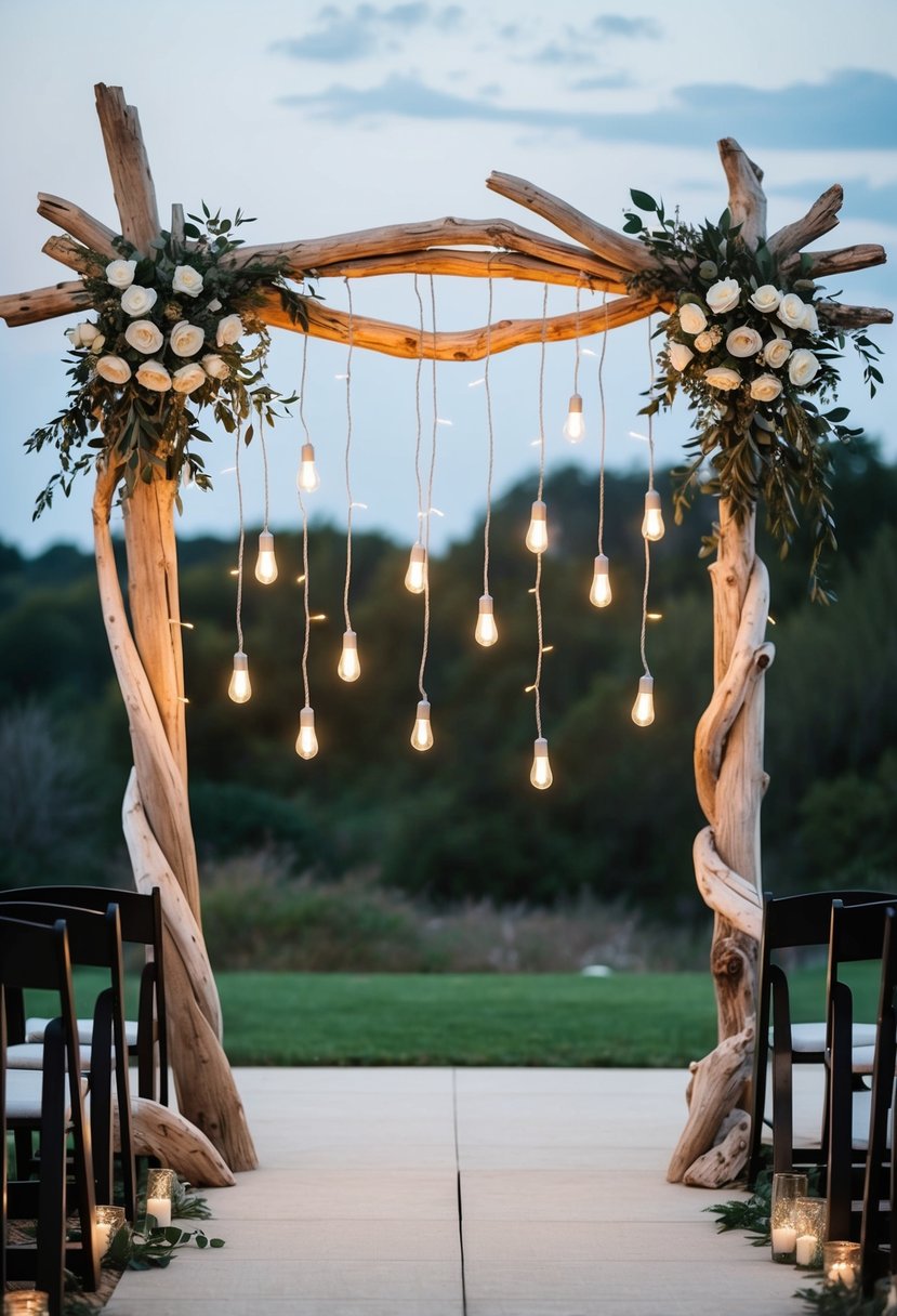 A driftwood arch adorned with hanging string lights, creating a rustic and romantic atmosphere for a wedding celebration