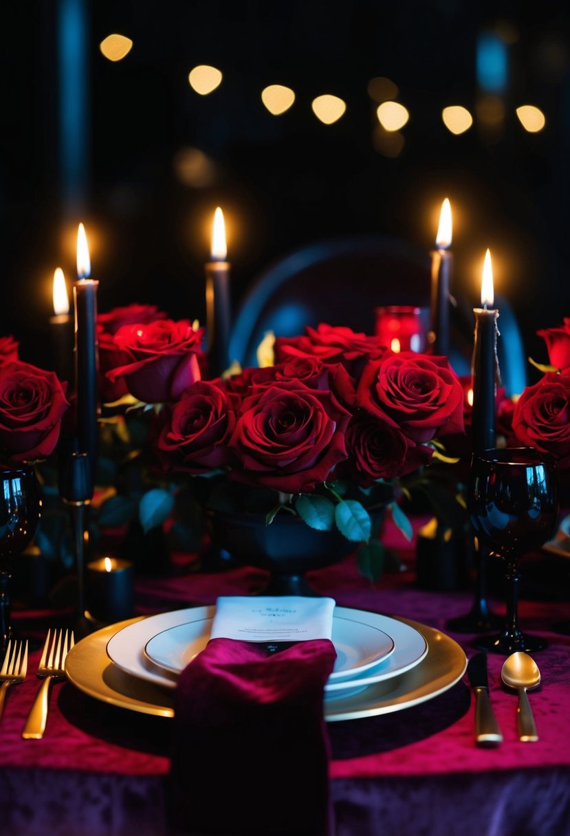 A dimly lit dining table adorned with deep red roses, black candles, and rich velvet linens, creating a moody and romantic atmosphere