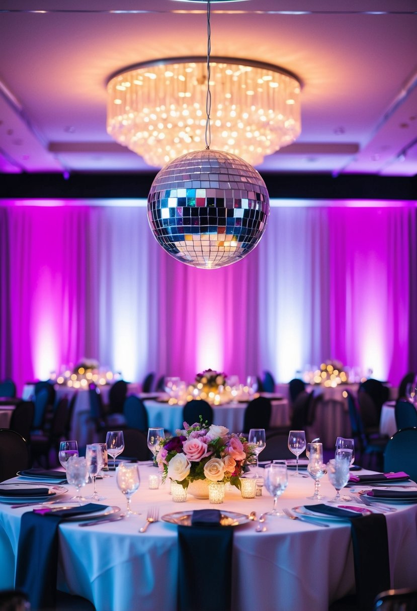 A disco ball hangs above a wedding table, reflecting colorful lights onto the surrounding decor