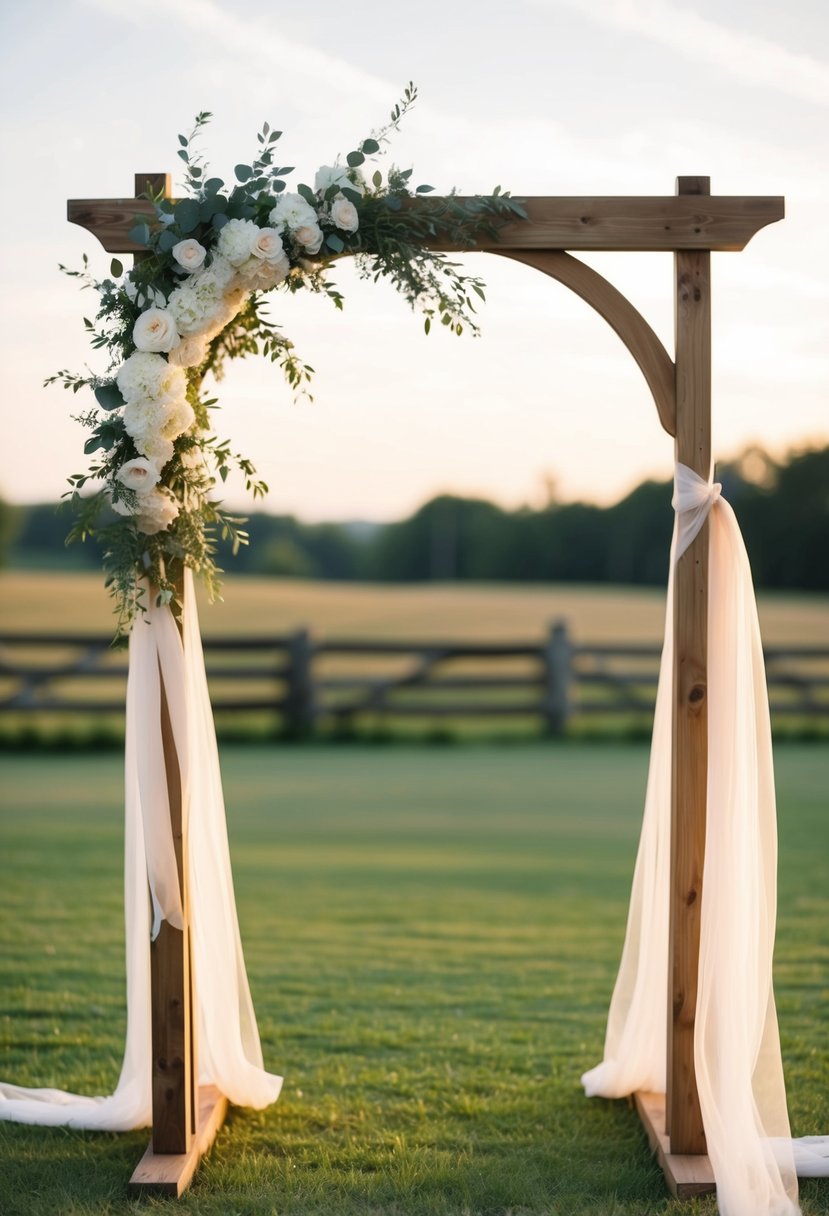 A wooden arch adorned with flowing ribbons stands in a rustic outdoor setting, creating a romantic and asymmetrical wedding backdrop