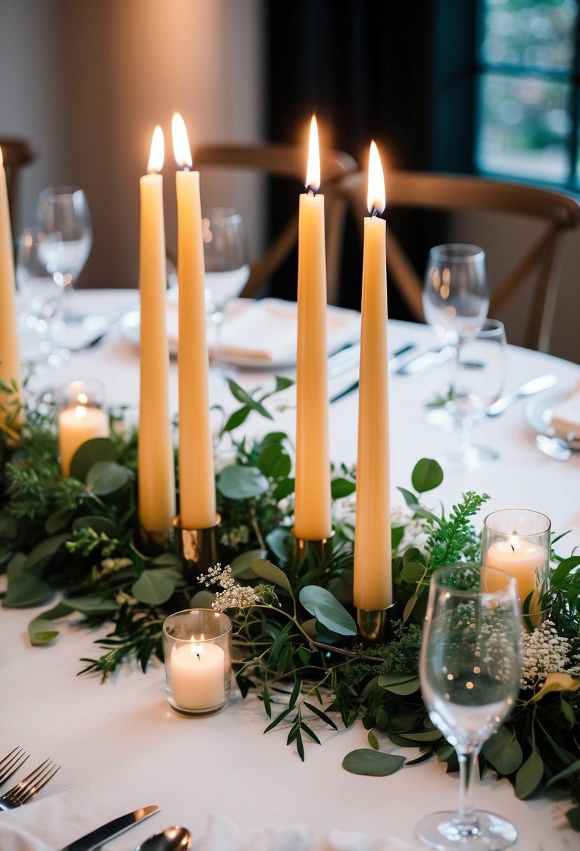 Taper candles surrounded by delicate greenery, creating a romantic wedding table centerpiece