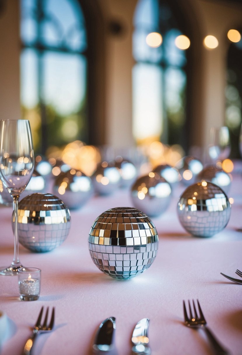 Mini disco balls arranged as napkin rings on a wedding table, reflecting light and adding a festive touch to the decor