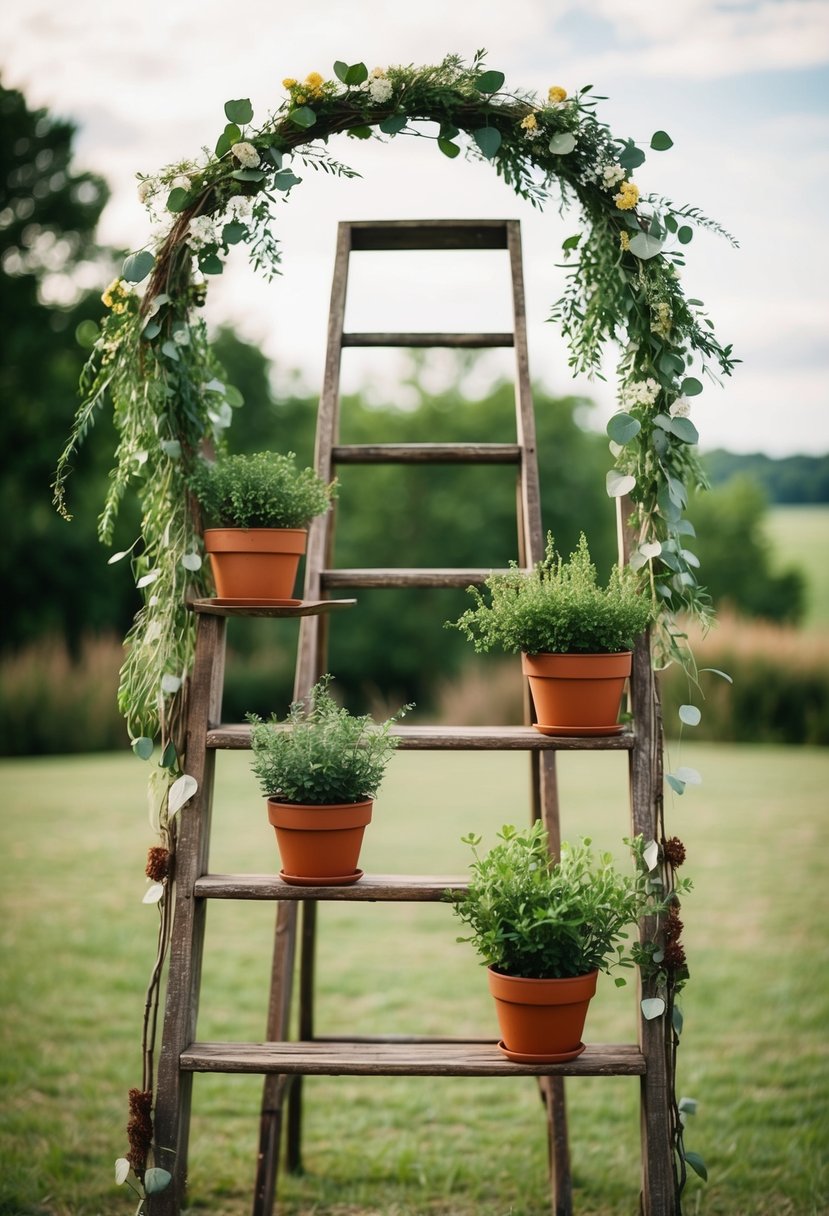 An antique ladder adorned with potted plants creates a rustic wedding arch