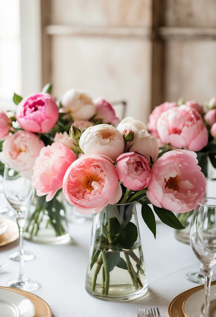 Lush roses and peonies in delicate vases adorn a romantic wedding table