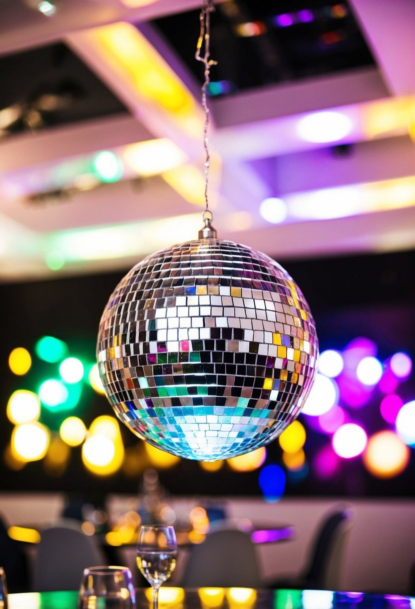 A glittery disco ball hangs above a table, reflecting colorful lights onto the surrounding decor