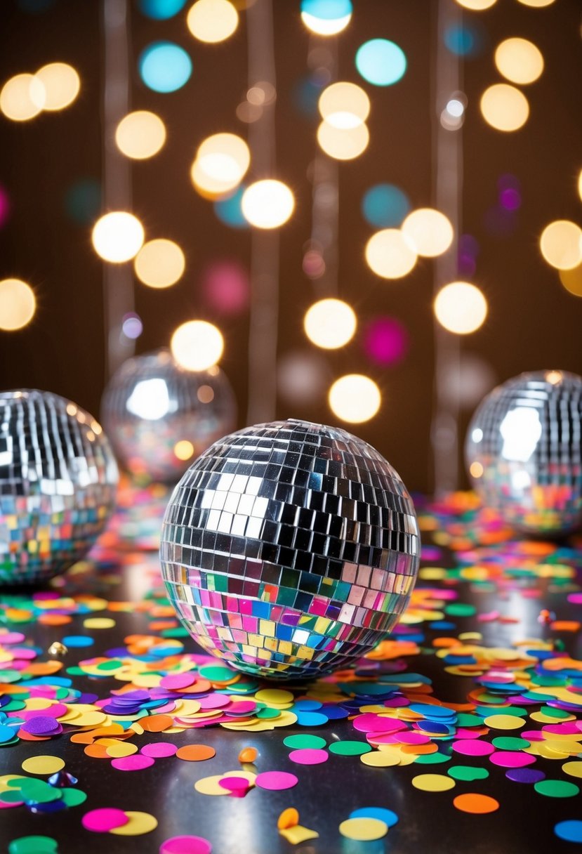 Colorful confetti scattered on tables beneath sparkling disco ball decorations