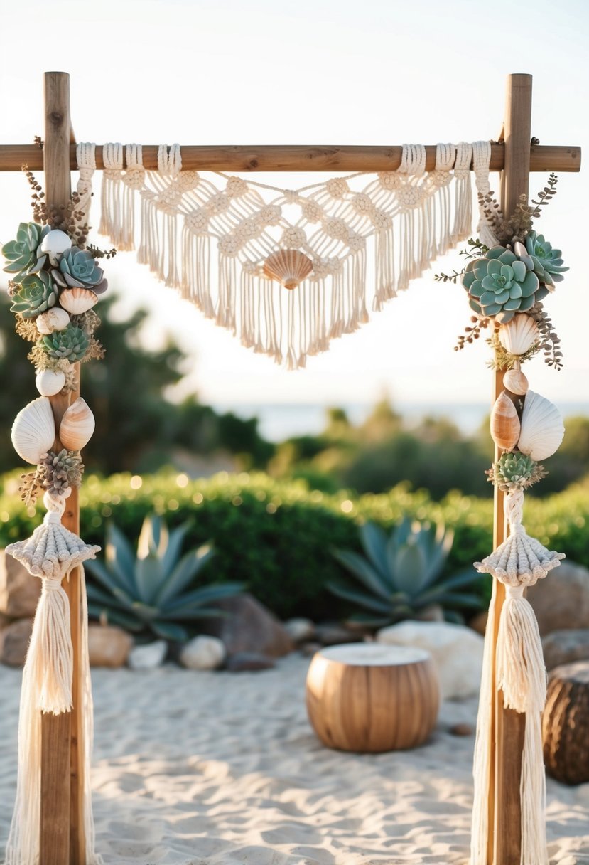 A macrame arch adorned with seashells and succulents stands as a rustic wedding backdrop