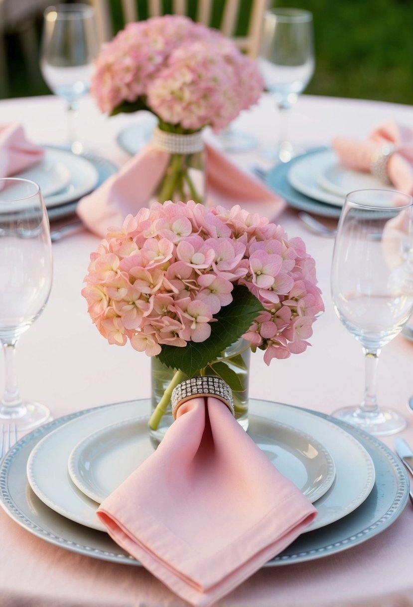 A table set with pastel pink hydrangea napkin rings, adding a romantic touch to a wedding reception