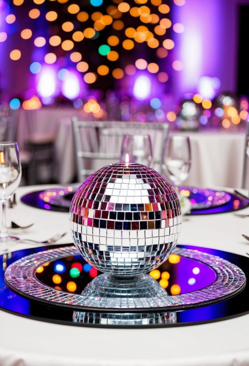 Shimmering disco ball placemats on wedding tables, reflecting colorful lights and adding a festive touch to the celebration