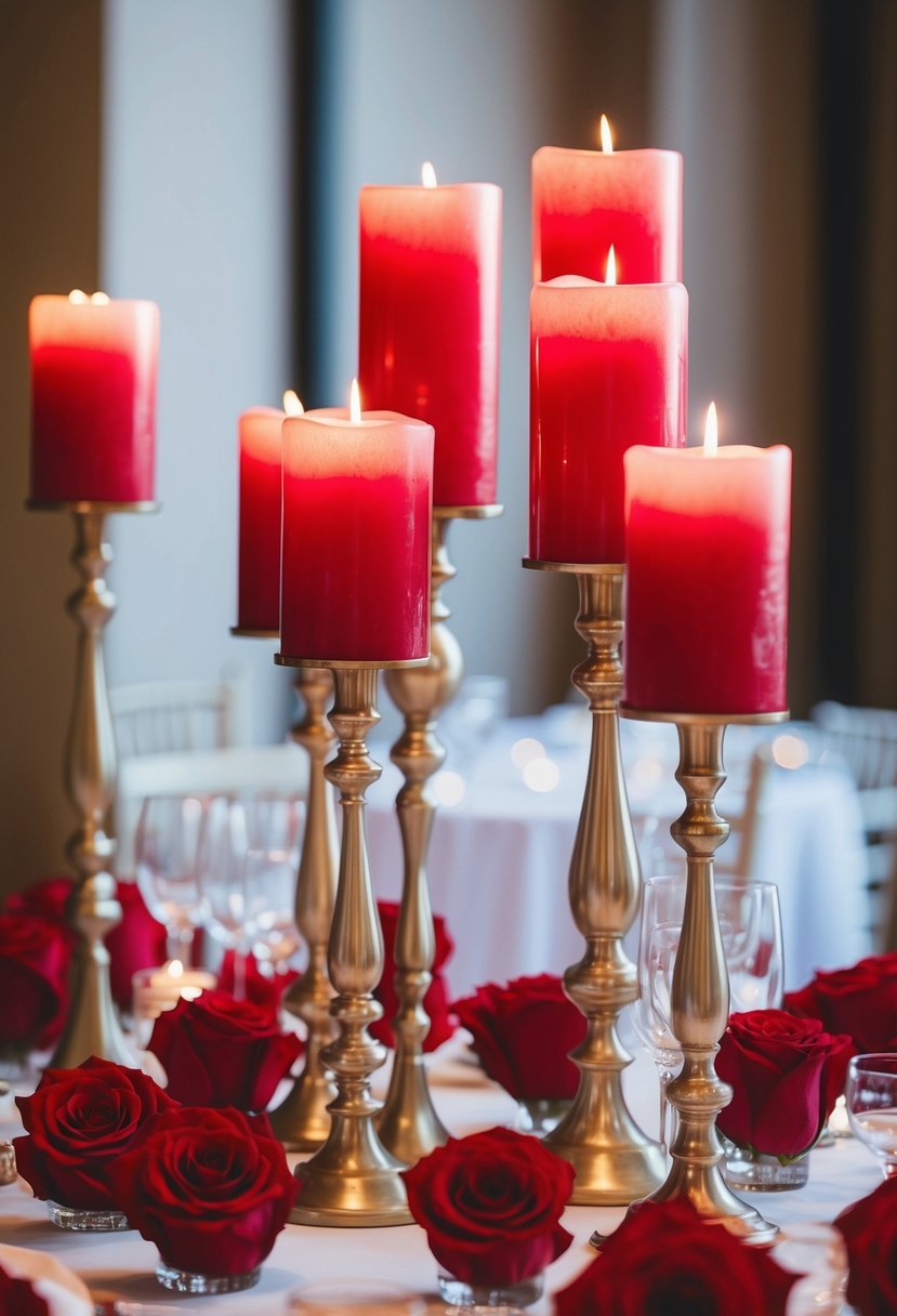 Red roses arranged in tall candle holders on a romantic wedding table