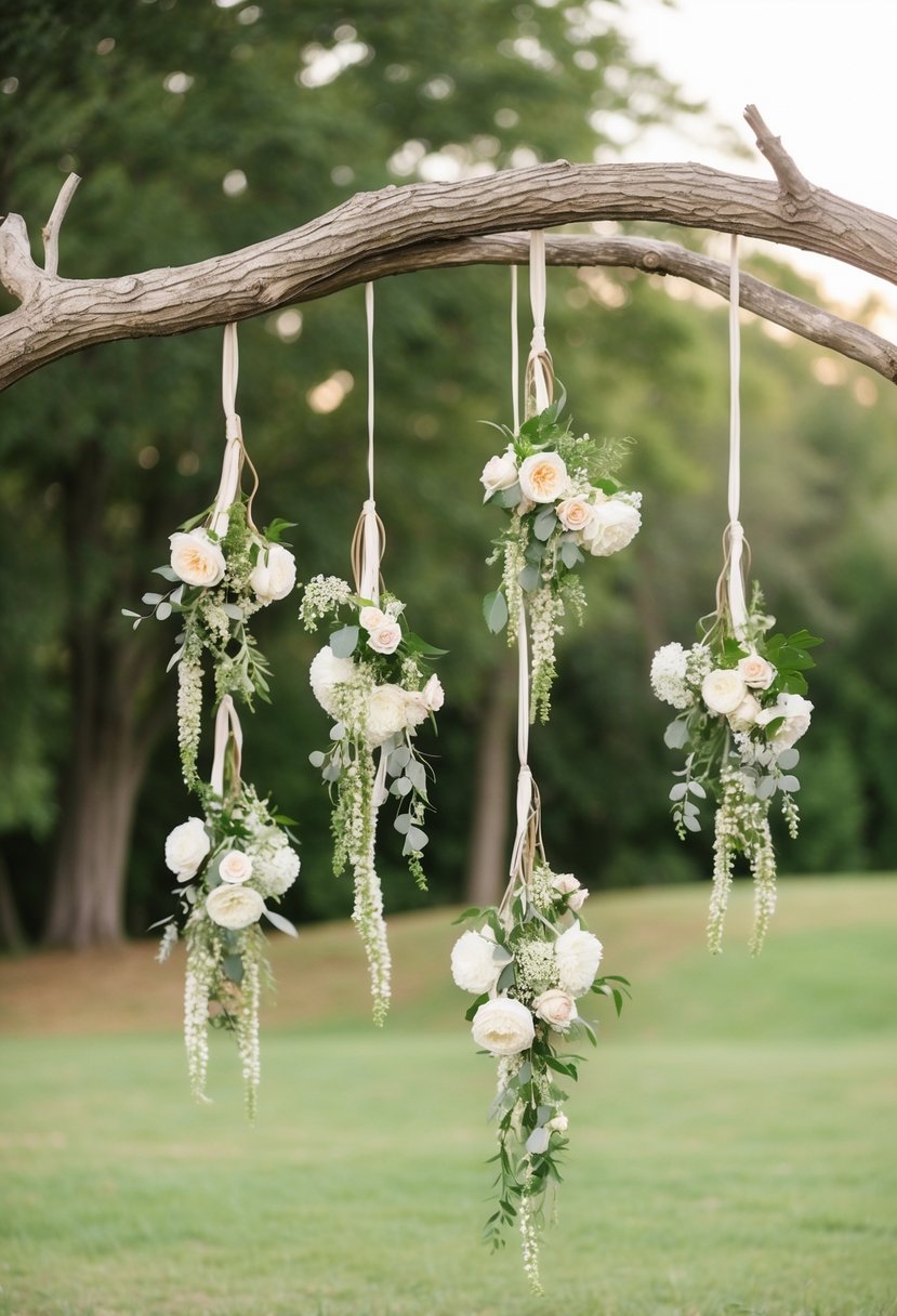 A natural branch arch adorned with hanging floral clusters, creating a rustic and romantic setting for a wedding